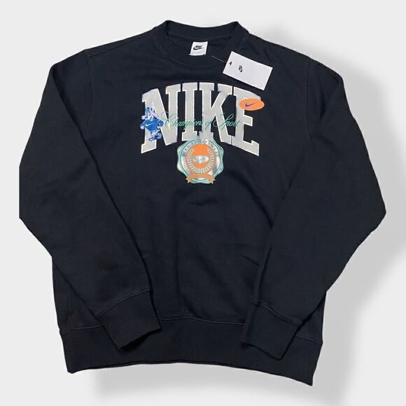 Nike NSW Club Black Sweatshirt Champions of Sport Crew Mens size M DR8033-010 - Picture 1 of 10